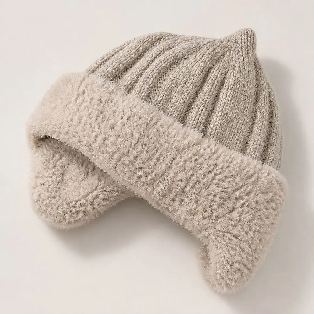 Knitted Fabric Winter Earflap Hat Ribbed Knit Lining Lined Hat Soft Stretch Full Ear Coverage Knit Earflap Beanie For Children