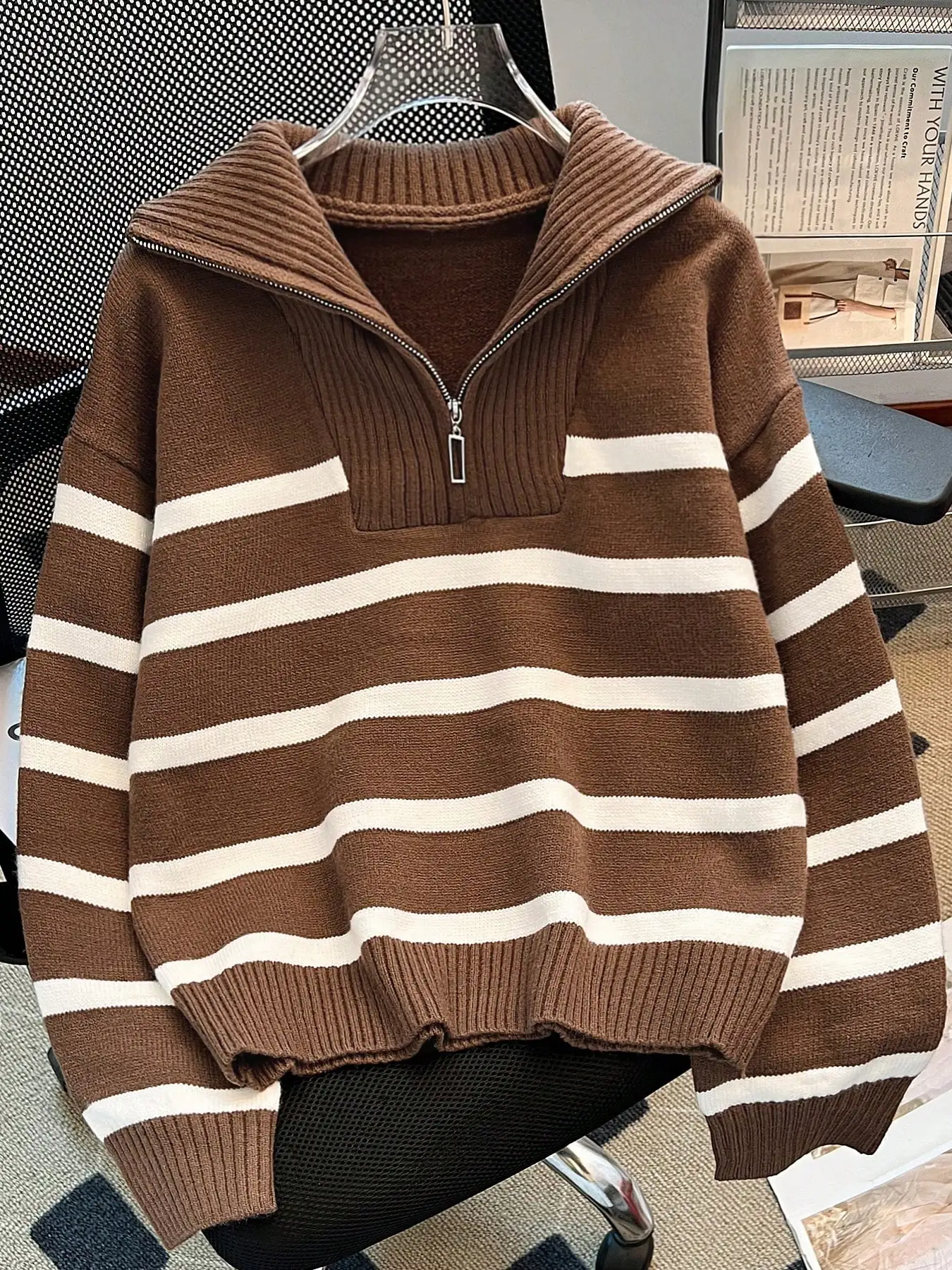 

Women's Striped Half-Zip Turtleneck Sweater, Long Sleeve Casual Pullover for Autumn Winter