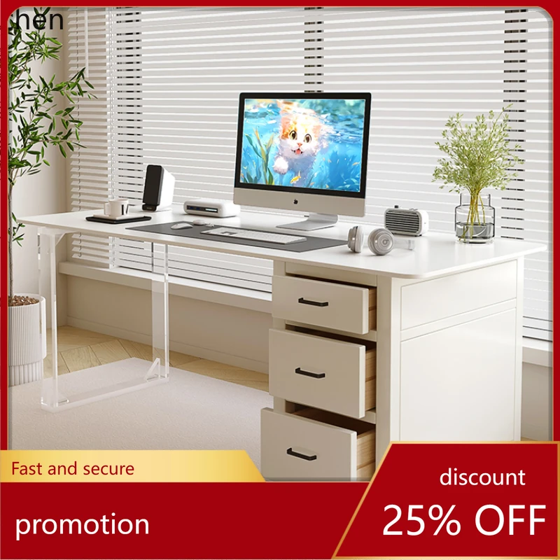 HT rock slab desk with chest of drawers, simple white study table, acrylic solid wood suspension table