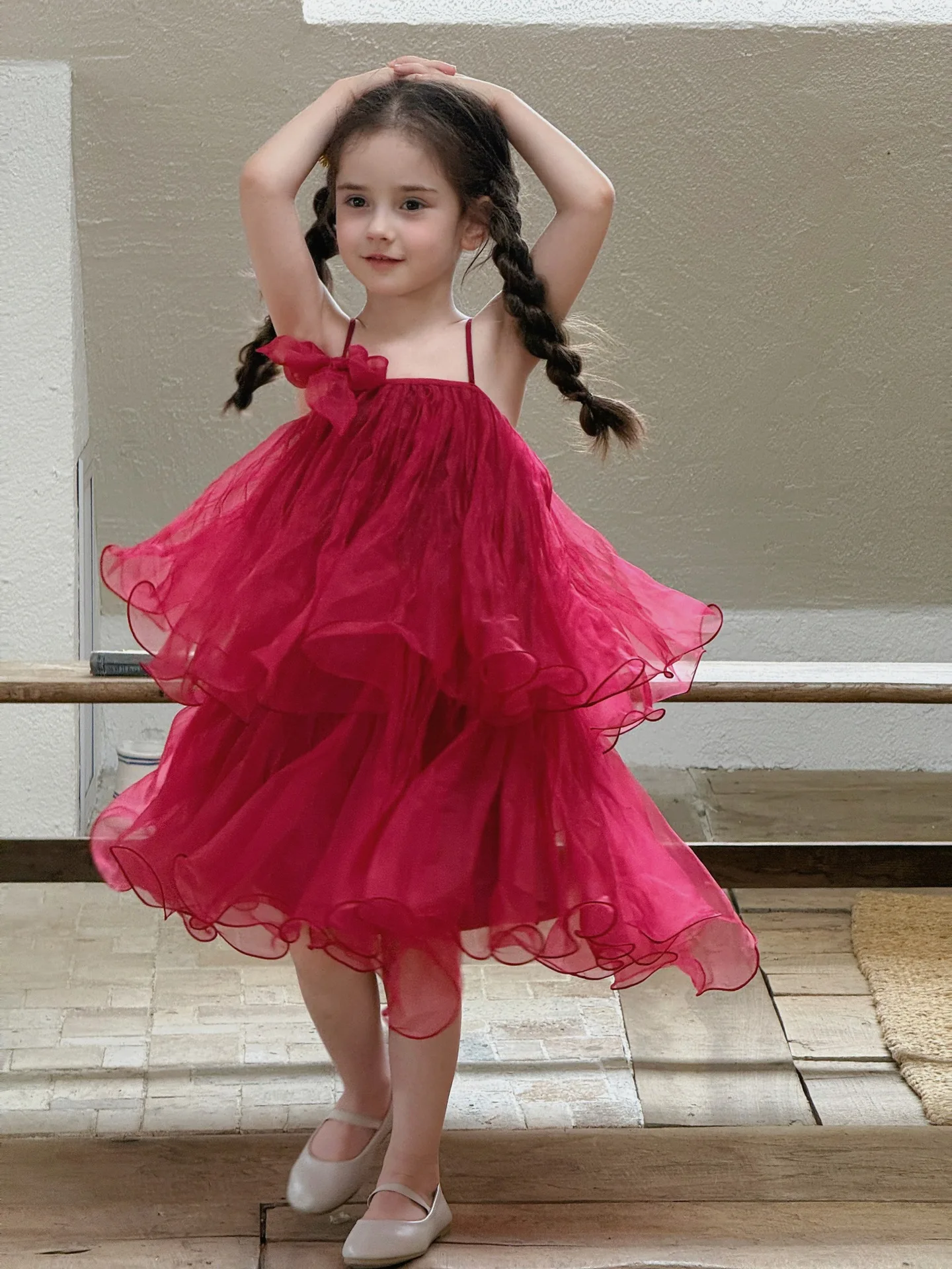 Korean Children Clothing 2026 Summer New Girls Dress Suspender Fluffy Gauze Dress Girls Sweet Princess Dress