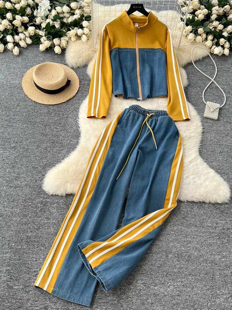 New Spring Women Fashion Casual denim Striped Straight Leg Pants Loose Long Sleeves Zipper Stand Collar Jackets Outerwear 2025