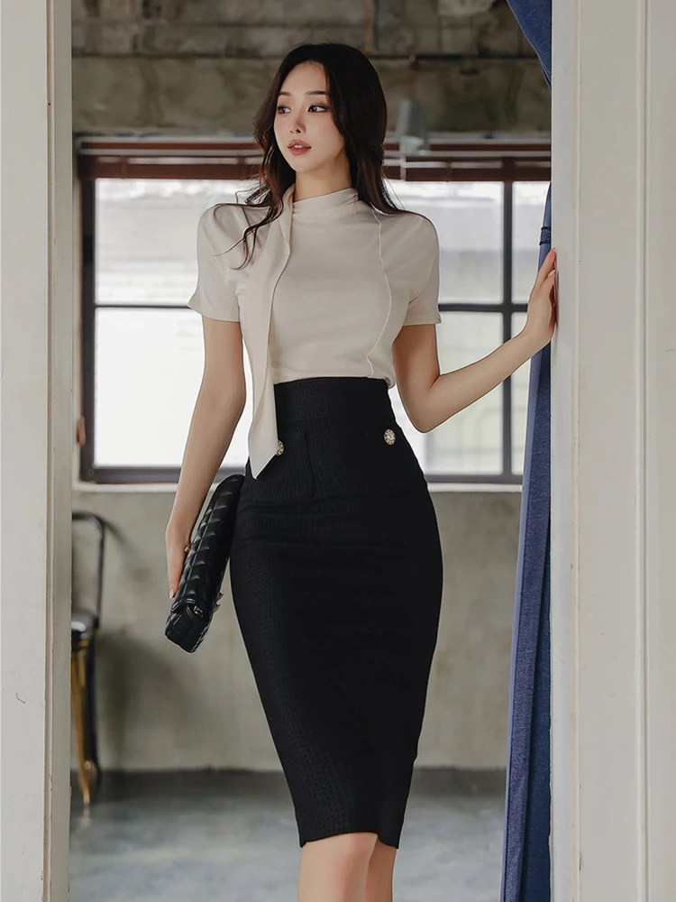 New Summer Formal 2 Pieces Outfit Women Clothes Elegant Short Sleeve Tops Shirt Blouse And Black High Waist Midi Skirt Mujer Set