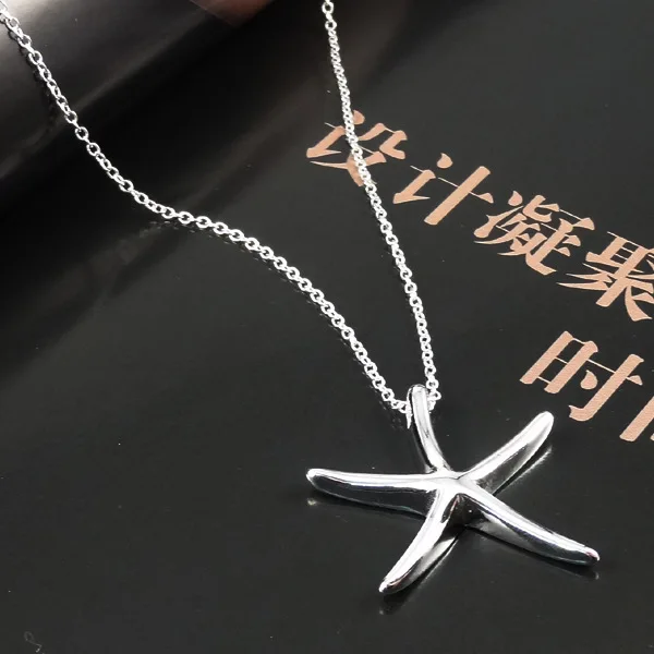 

925 Sterling Silver Chain Beautiful Large Starfish Pendant, Classic Trendy Jewelry With Thin Chain Female Snake Chain