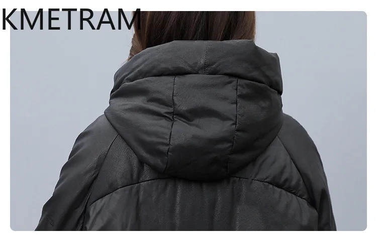 White Duck Down Leather Puffer Jacket Women Real Sheepskin Long Down Coats with Hood Womens Winter Clothes 2024 Пуховик Женский — zdjęcie 6