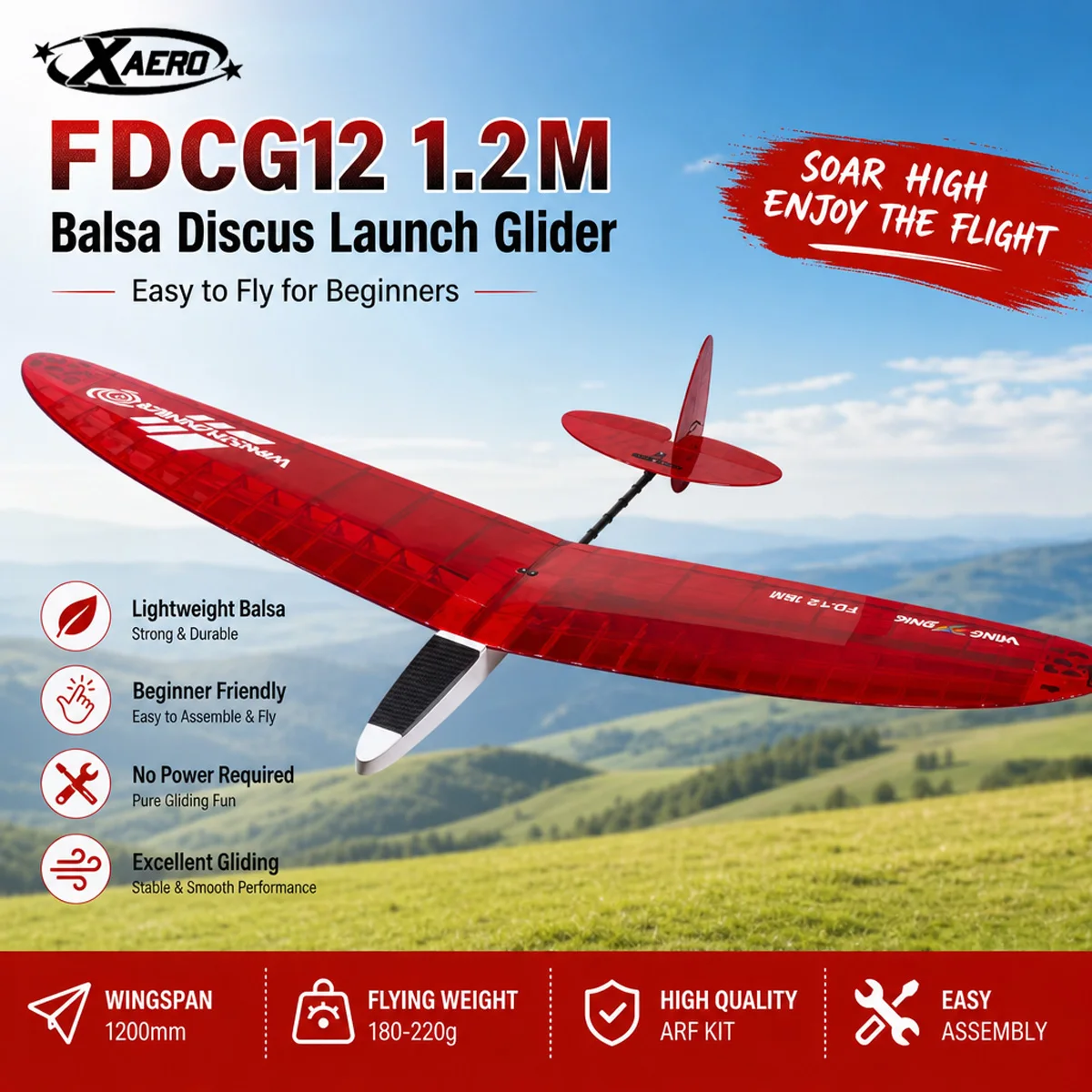 DW Hobby FDCG12 1.2M Balsa Glider Kit - Discus Launch DLG ARF Unpowered RC Airplane for Beginner