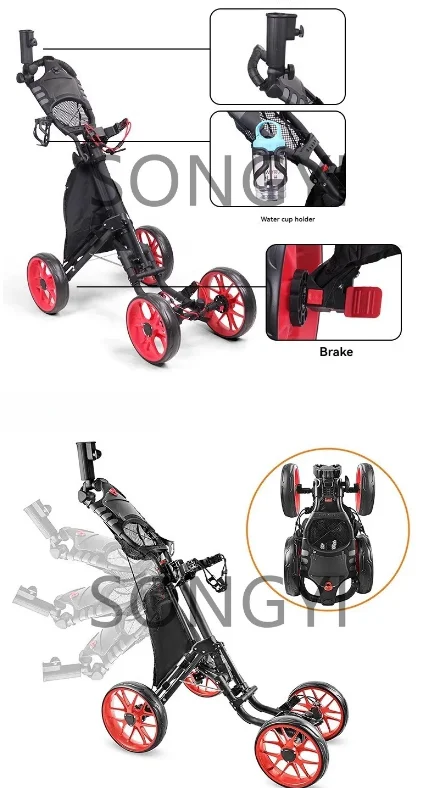 Golf bag cart, four-wheel cart, multi-functional foldable trolley, umbrella stand, water bottle holder, built-in stool