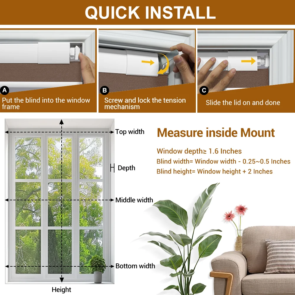 Customize No Drill Cellular Shades for Indoor Windows, Thermal Insulating Honeycomb Blinds Free-stop Cordless Blackout Shades