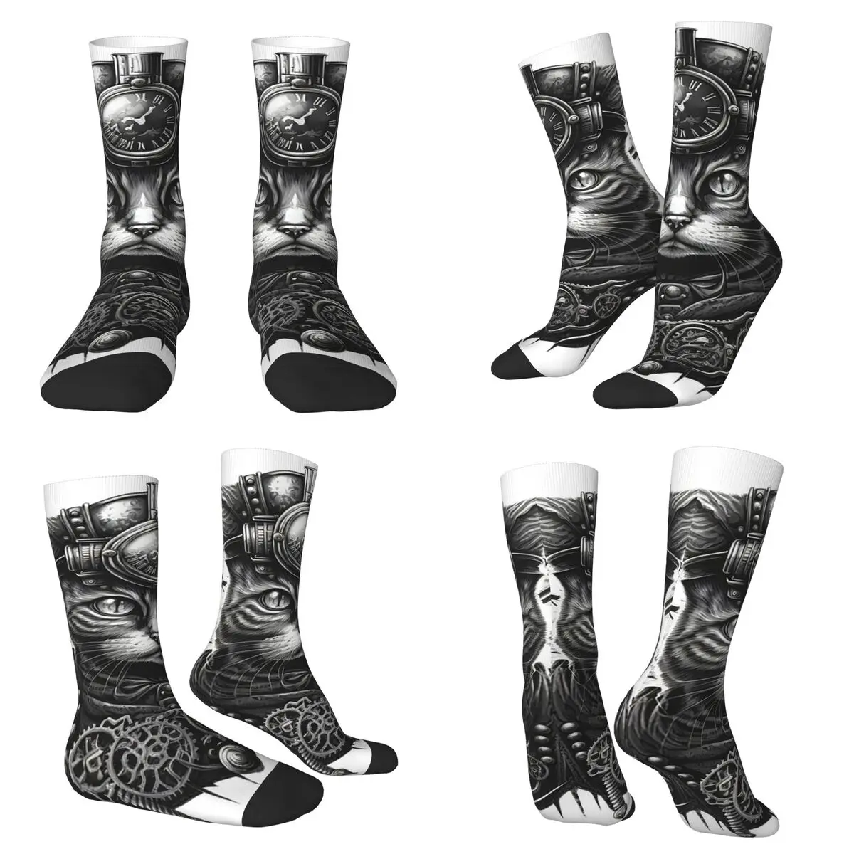 Cute Steampunk Cat In A Mechanical Suit Socks Harajuku Soft Stockings All Season Long Socks for Unisex Valentine's Day Gifts