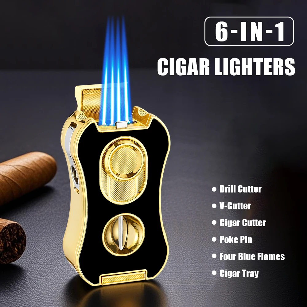 6-in-1Cigar Lighter Strong Four Blue Flame Portable Cigar Cutting Design Cutting Alloy Material Body Adjustable Flame Size