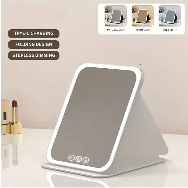 

Portable LED Makeup Mirror with Touch Control, 3 Light Modes, Dimmable, Rechargeable, Foldable Travel Design for Vanity, Home, &