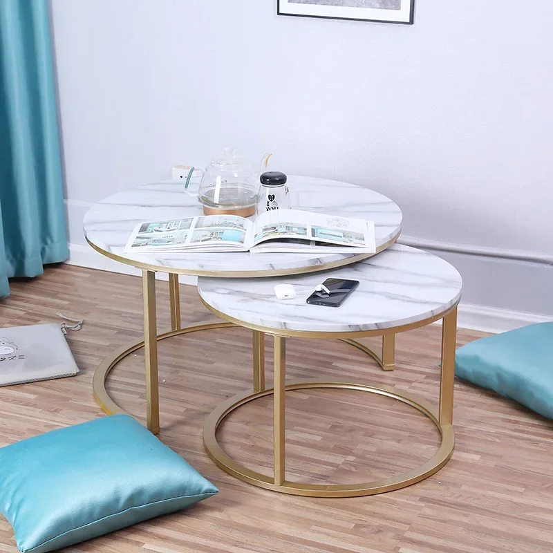 Elegant living room table - Marble texture coffee table with metal bracket, round tea desk, two-in-one sofa side table