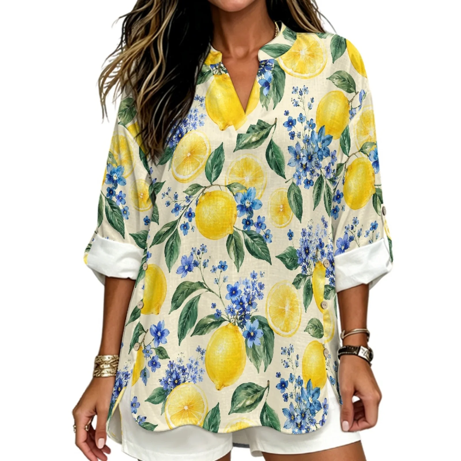 PENSTROLL Lemon Floral Print Long Rolled Sleeve Women's Loose Fit Tops for Ladies Linen Like Long Sleeve Blouse Long Sleeve Tops