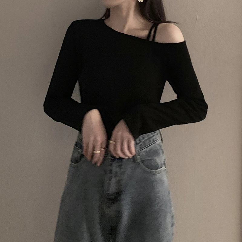 

Женская футболка Bla oulder-Baring Long Sve, весна 2026, облегающий повседневный топ на одно плечо для молодежи