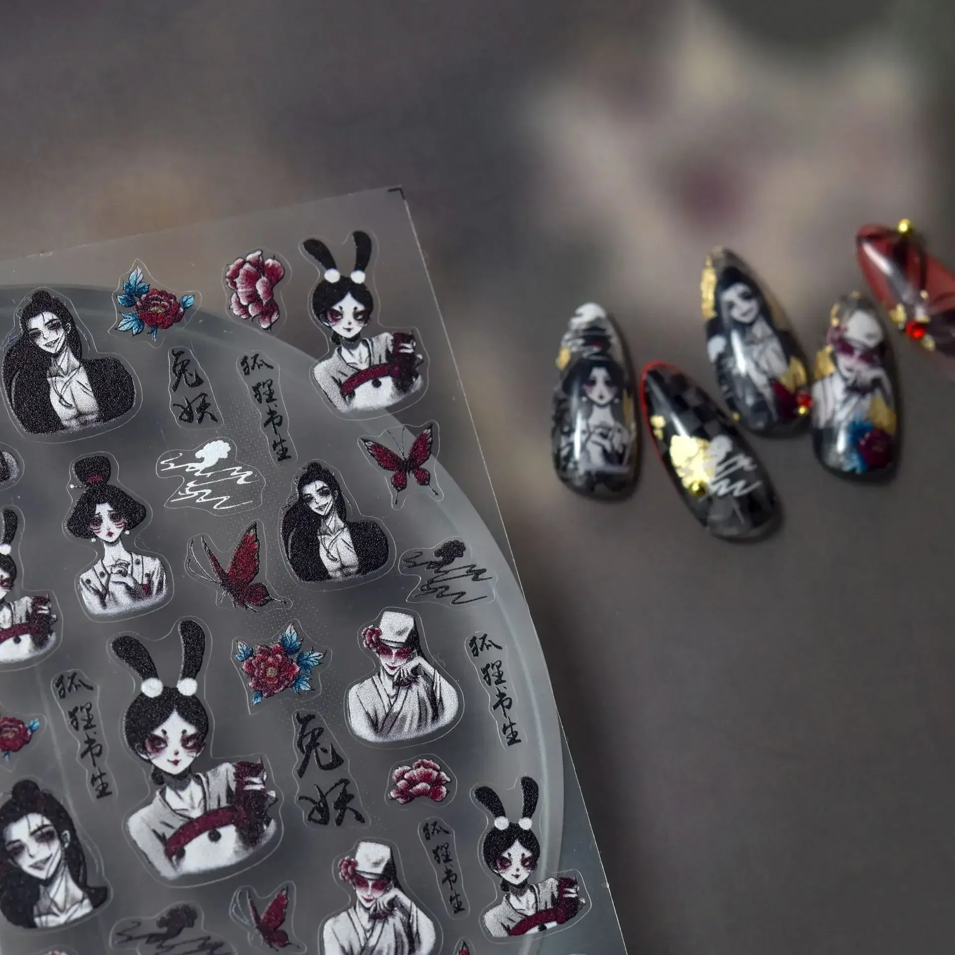 Yao-chinese Folktales Nail Stickers Ink Style Pretty Cartoon Girl Dark Butterfly Nail Art Unique Goose Cloud Nail Accessories