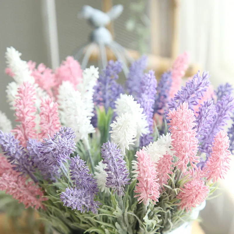 

Artificial Flowers Flocked Plastic Lavender Bundle Fake Plants Wedding Bridle Bouquet Indoor Outdoor Home Kitchen Office Table