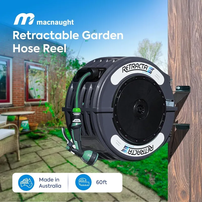 Macnaught Retractable Garden Hose Reel, 60 Ft Water Hose Reel with Metal 180° Swivel Rotation Bracket for Wall Mount - Gray