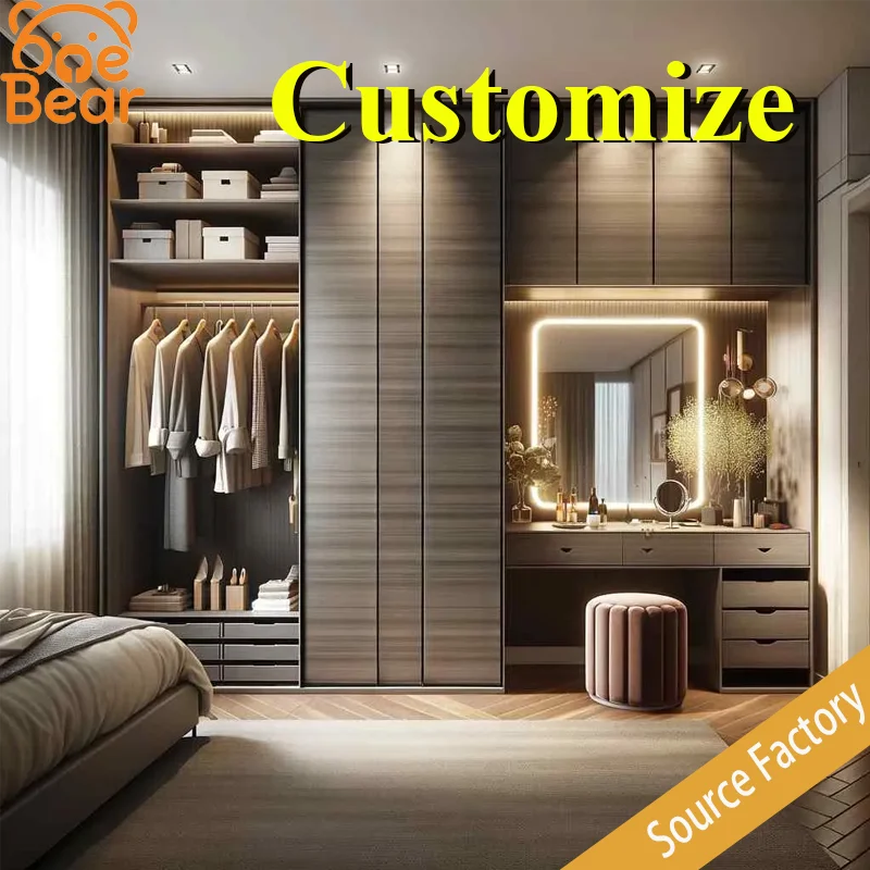 Luxury Whole-House Custom-Made High-End Wood Grain Stainless Steel Hotel Wardrobe Cabinet.