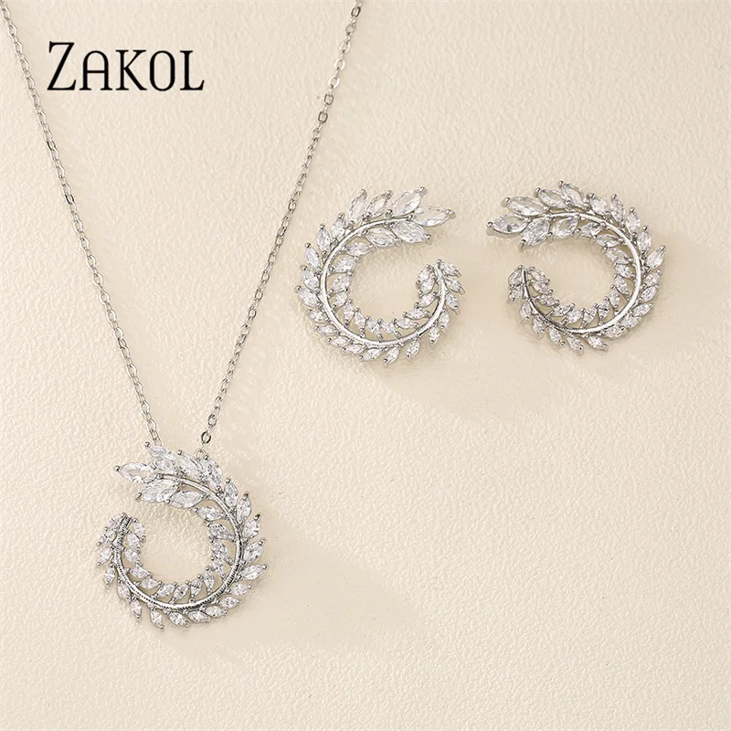 ZAKOL Fashion Leaf AAA Zircon Wedding Jewelry Sets For Women Party Gift Sliver Color Crystal Earrings Necklace Set Wholesale