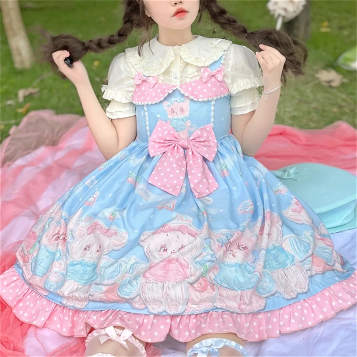 Japanese Cute Loretta Cosplay Kawaii Laurie Sweet Candy  Girls  Jsk  Printed Bear  Flounces  Polka  Dot  Bow Halter  Dress