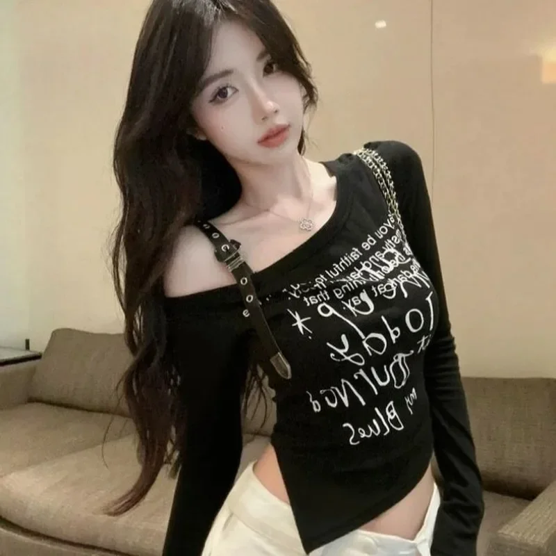 Subcultural Y2k Irregular Slim Waist Women's T-shirt American Letter Printed Top Autumn White Tee Graphic T Shirts Grunge