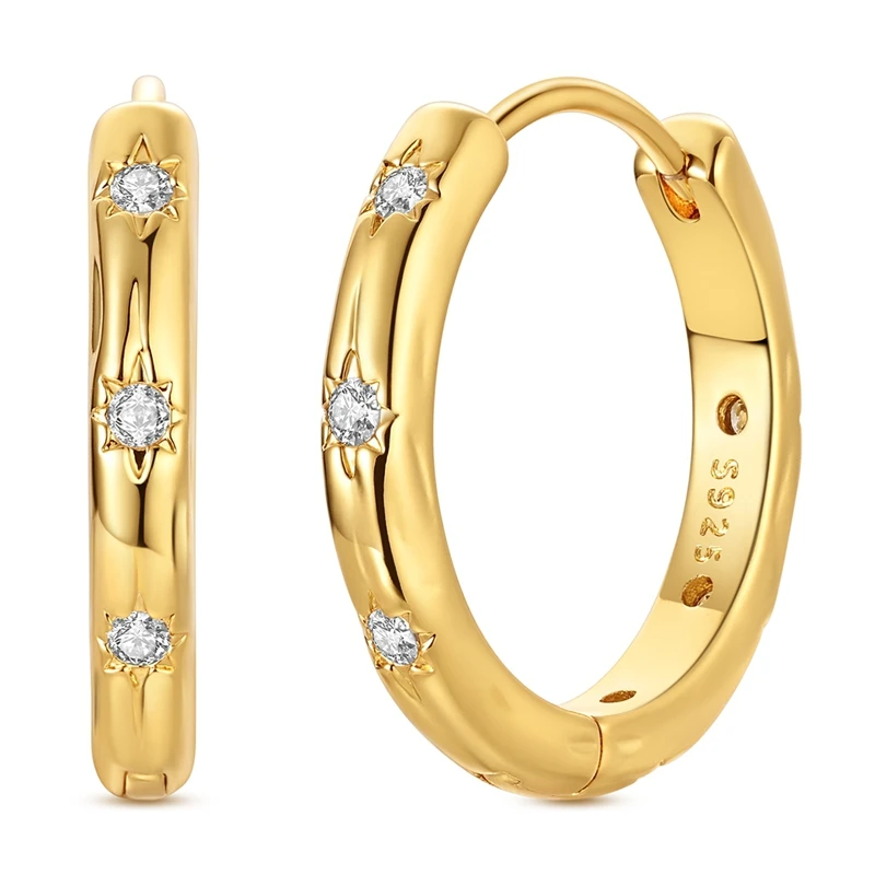 

925 Sterling Silver Earrings Women Sparkling Gold Star Sparkle Hoop Earring For Anniversary Wedding Jewelry Gifts