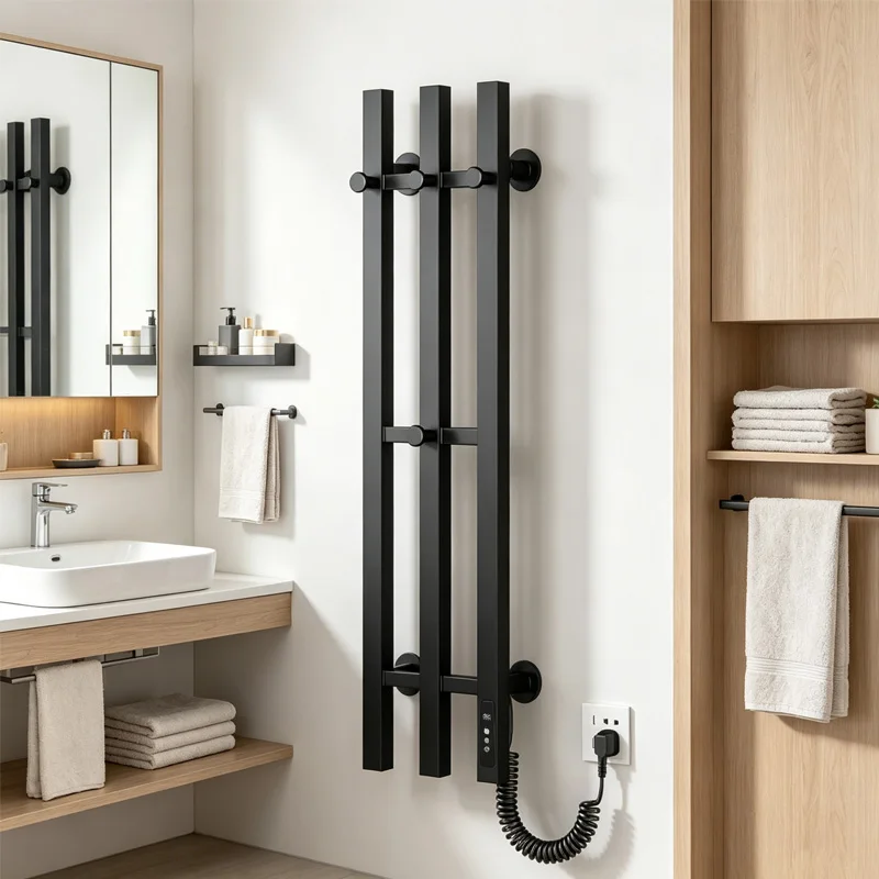 Bathroom Black Bath Towel Warmer Exposed Hidden Wires Electric Towel Rack Temperature Time Control Electric Heated Towel Rail