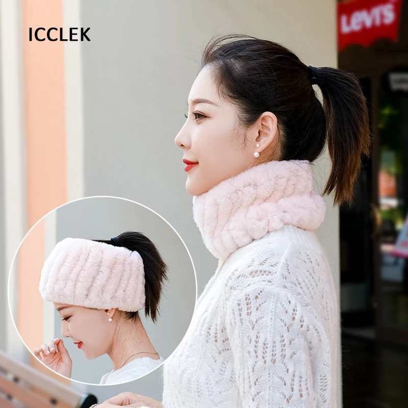 Women Real Fur Scarf Knit Genuine Rabbit Fur Headbands Winter Warm Neck Warmer Elastic Soft Fur Ring Cowl Snood Scarves