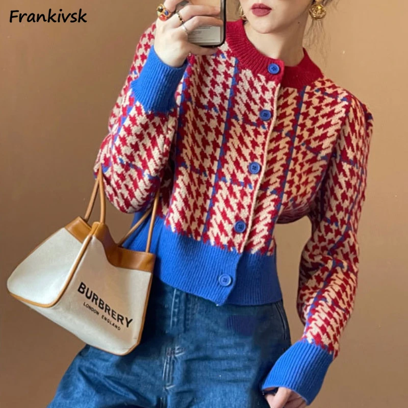 

Cardigan Women Plaid Panelled Colorful Retro Niche Leisure Elegant Office Lady Streetwear Autumn Korean Style Chic Bright Gentle