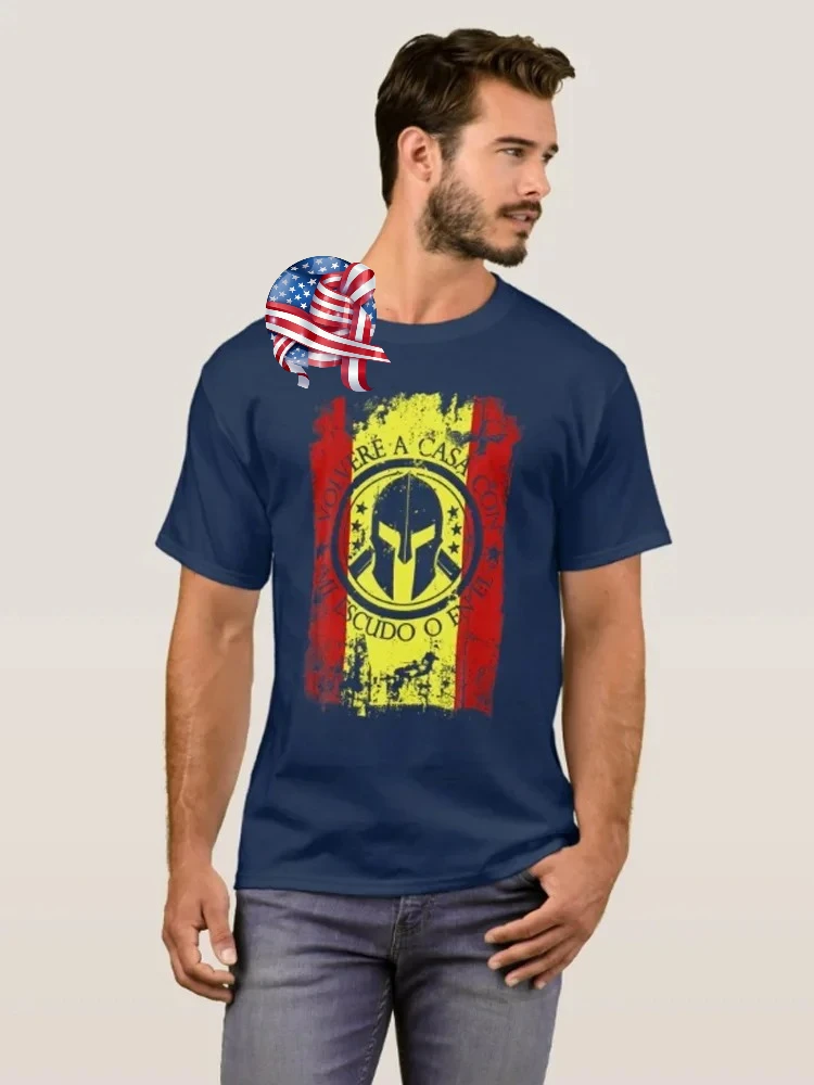 

Come Home with My Shield. Distressed Spartan Helmet Spain Flag T-Shirt 100% Cotton O-Neck Short Sleeve Casual Mens T-shirt