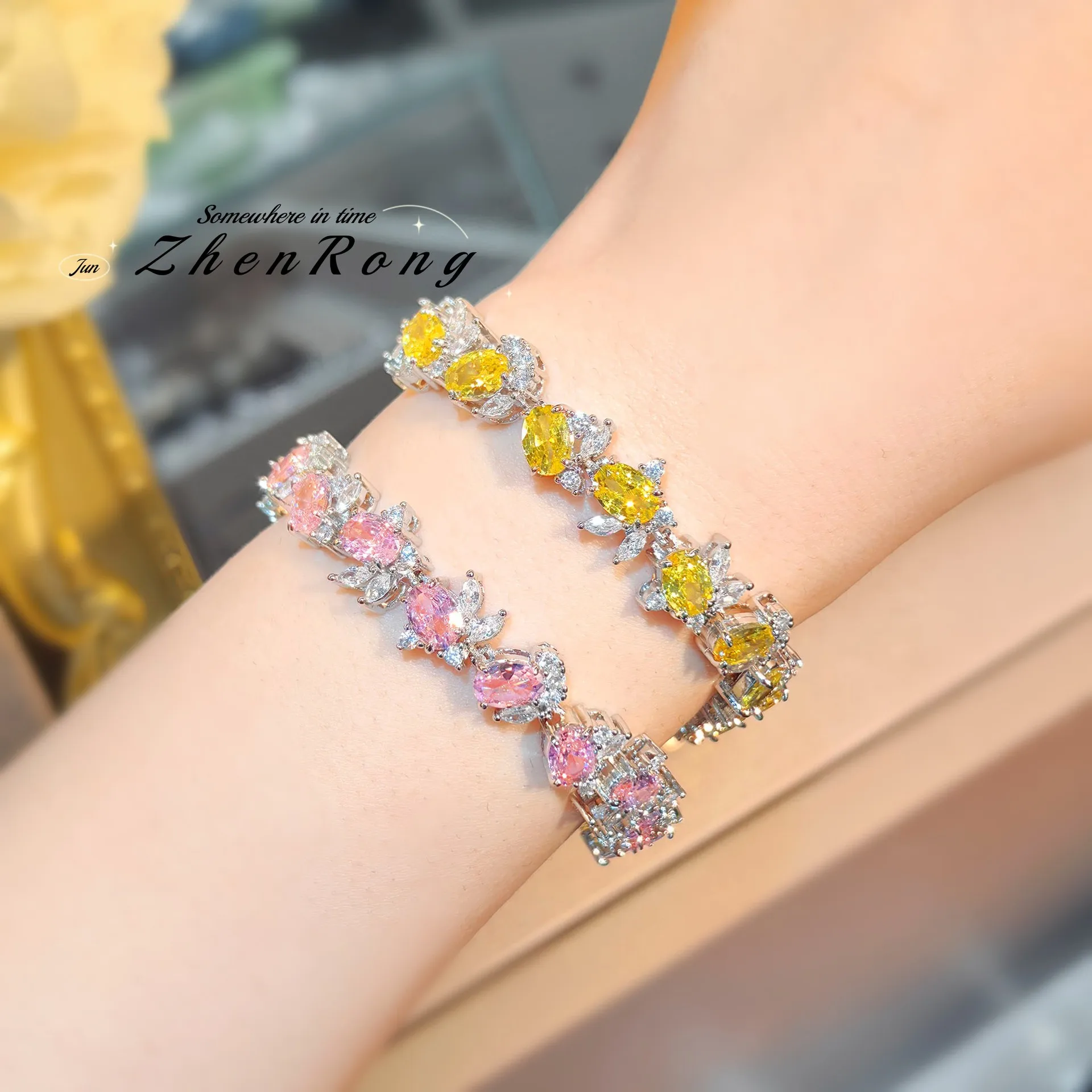 Exquisite Beautiful Pink/Yellow Flower Connected Cubic Zircon Crystal Tennis Bracelets Silver Color Wedding Jewelry For Women