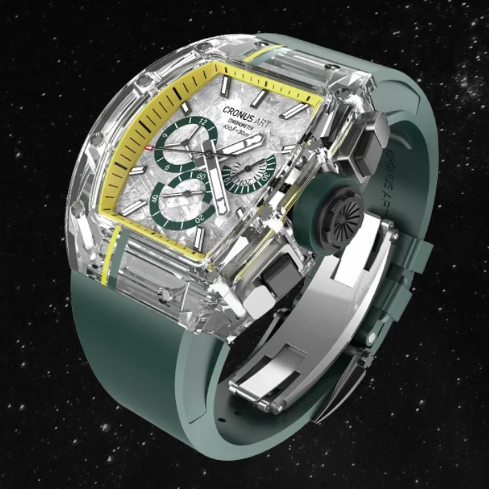 

CRONUSART Men Chronograph Watch 50mm Tonneau Mechanical Wristwatch Sapphire Case Luminous Fluororubber Strap Meteorolite Dial