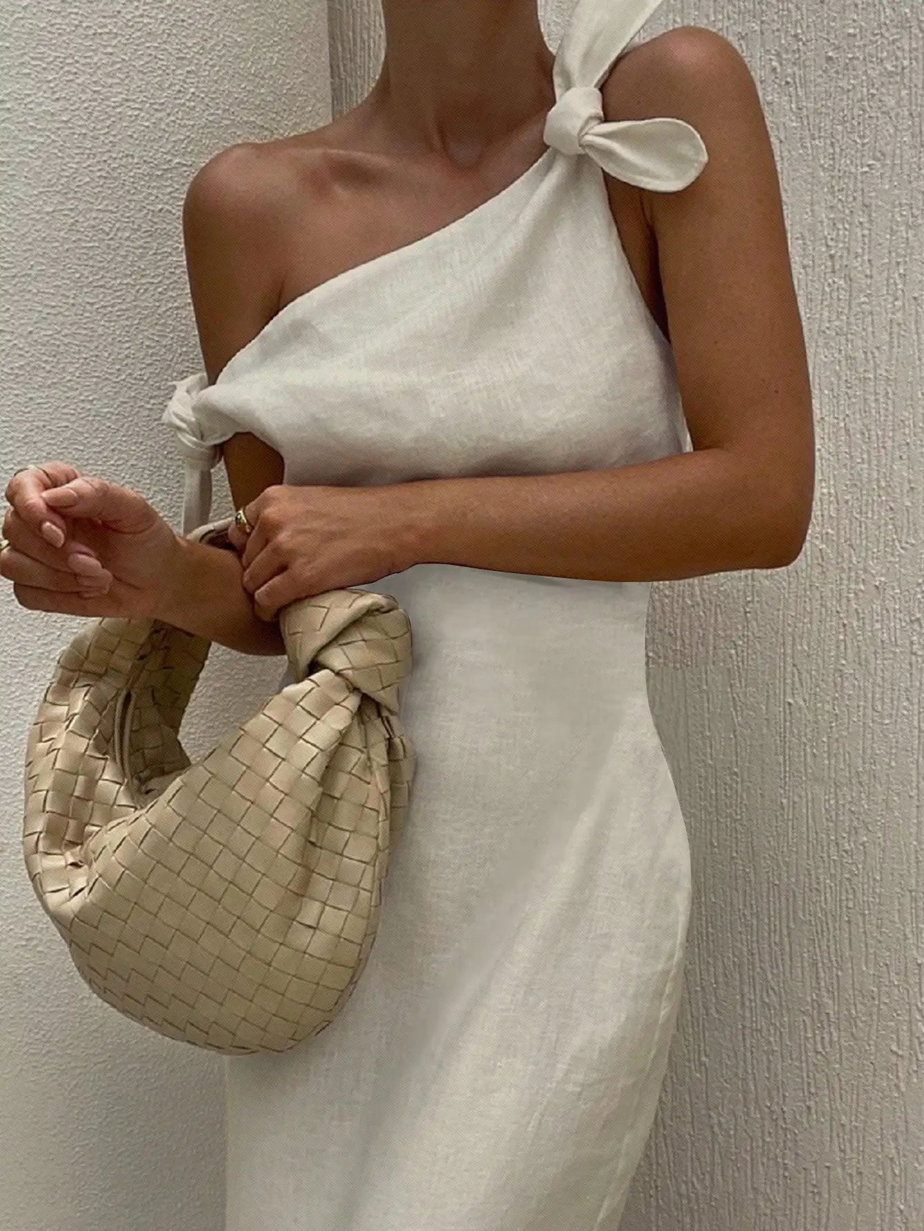 

Off-Shoulder Asymmetrical Knot Neckline Linen Dress for Summer Evening