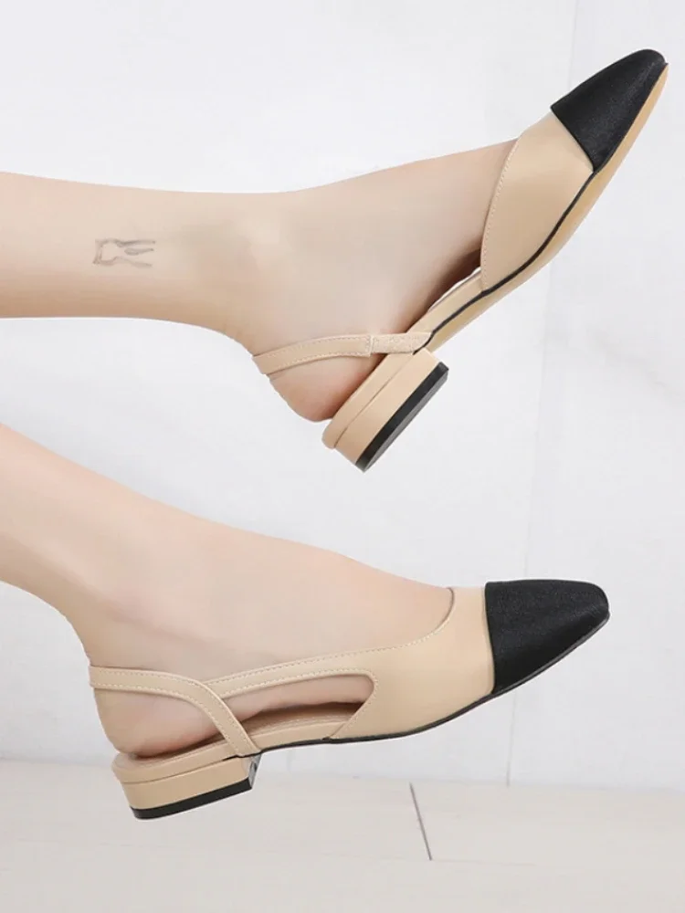 New Pointed Toe Sandals Fashion Low Square Heels Flat Shoes Korean Color Matching Party Ladies Shoes Chaussure Femme 2024