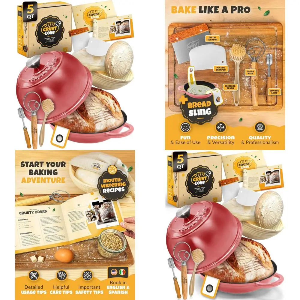 

5-Quart Enamel Cast Iron Bread Pan with Lid for Sourdough and Bread Making, Including Tools