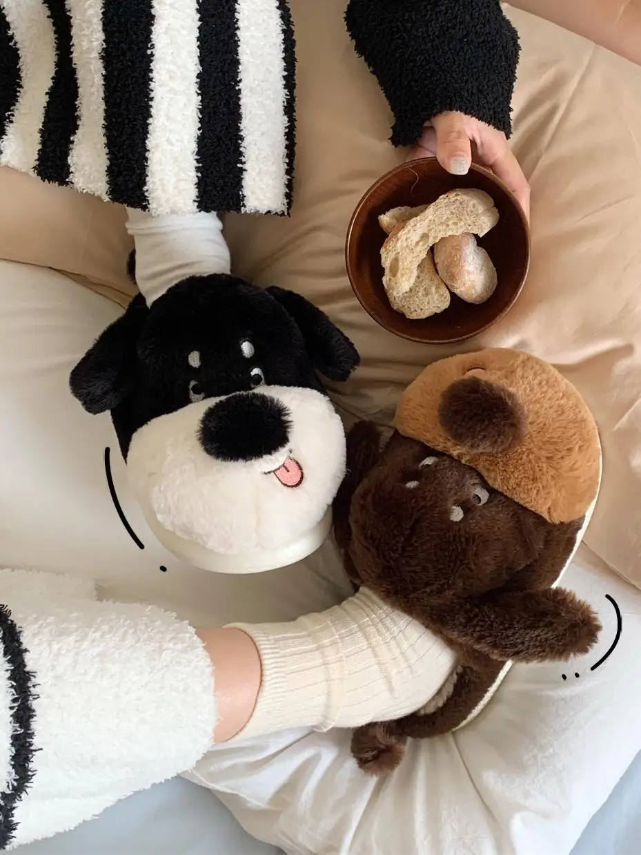 Cute Dog Cotton Slippers For Men And Women Cute Winter Home Slippers Indoor Warm And Anti Slip Couple Fur Slippers Shoes