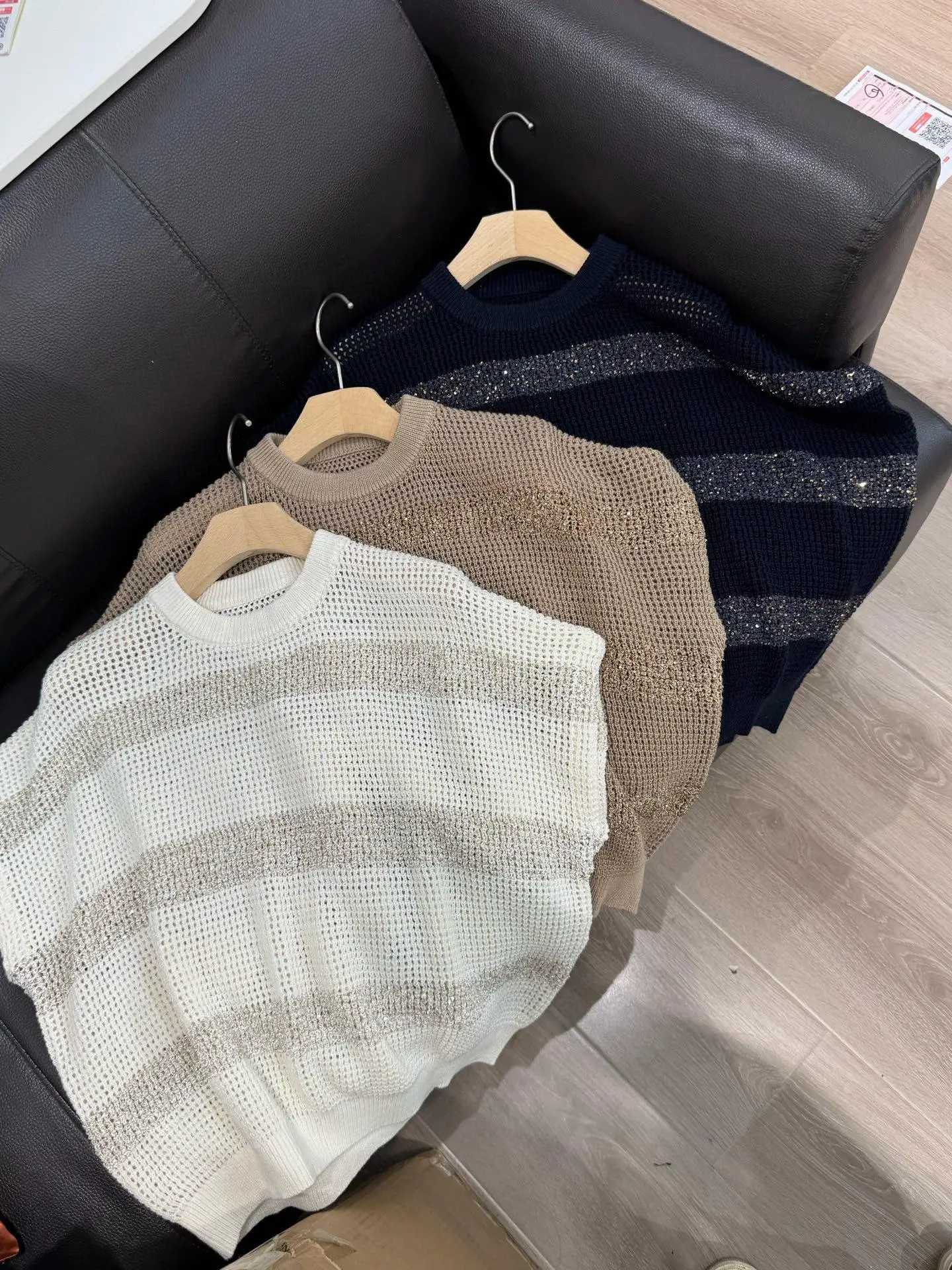 

Spring/Summer Sparkling Striped Linen Half Sleeve Top Breathable Loose Knitted Shirt Round Neck Short Sleeve