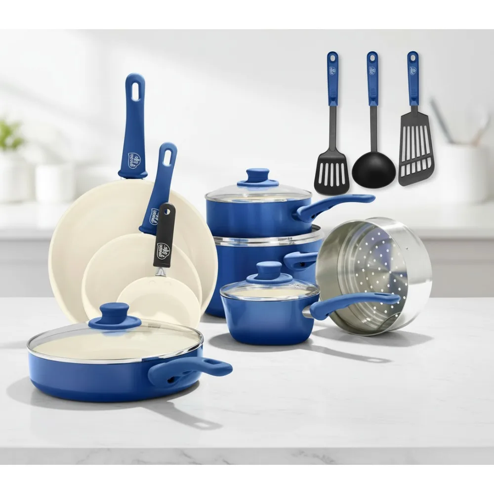 

Набор керамической посуды с антипригарным покрытием, 16 предметов, без PFAS, можно мыть в посудомоечной машине, синие кастрюли и сковороды для здорового приготовления пищи