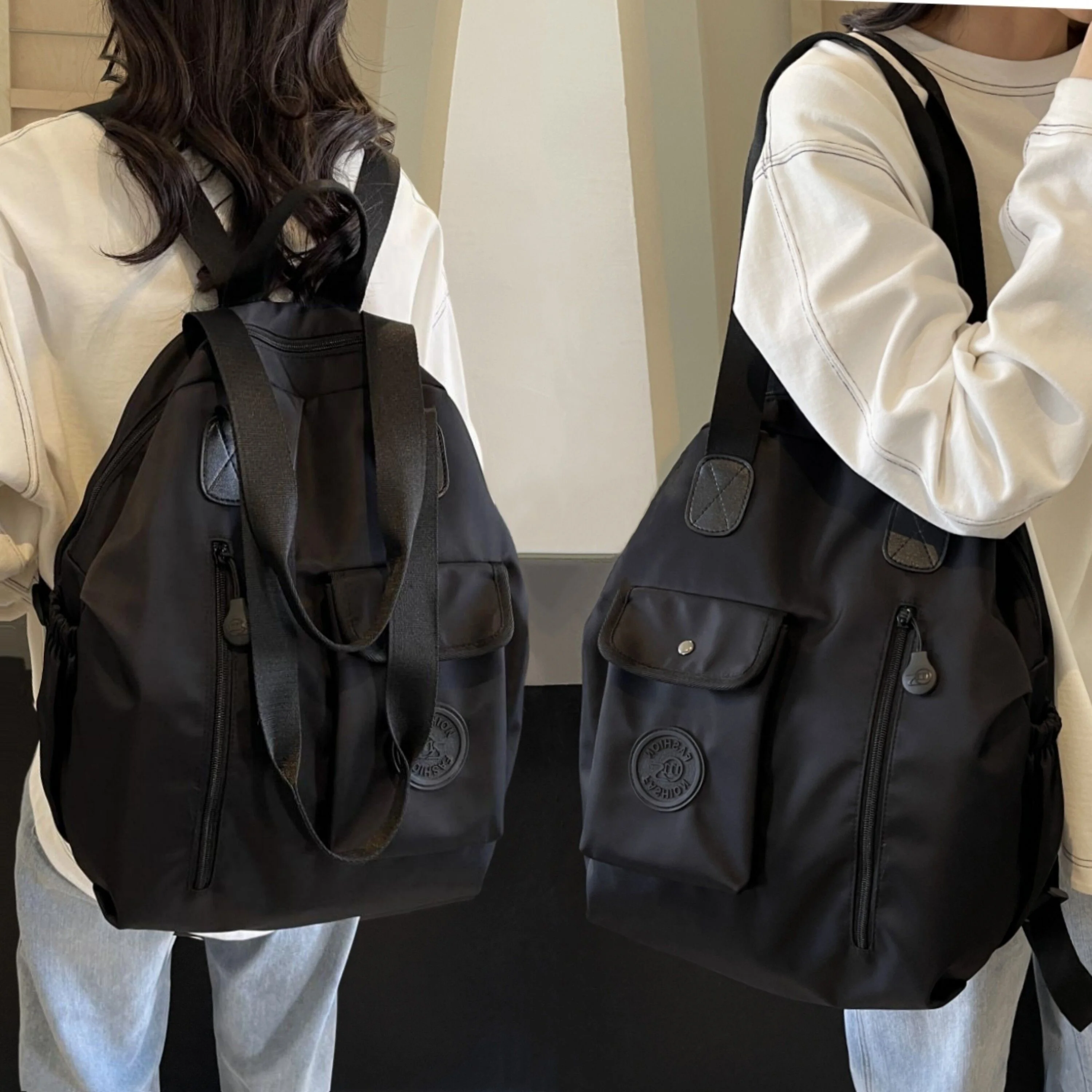 Multifunctional Dual-Purpose Backpack Unisex Travel Leisure Black Workwear Style Student Bookbag Single-Shoulder Crossbody Bag