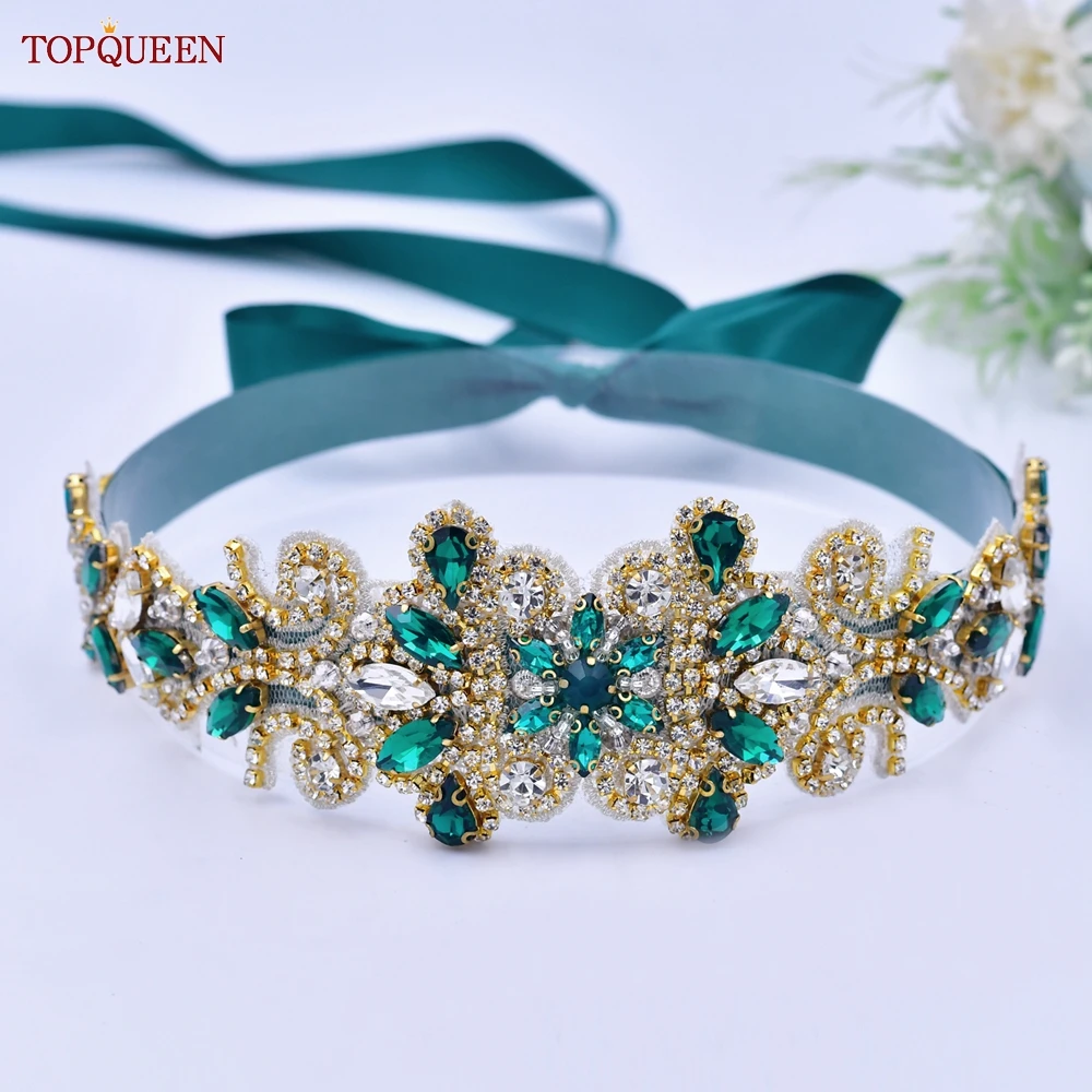 TOPQUEEN S12-KL Bridal Wedding Dress Belt Gold Handmade Luxury Sash Accessories Women Ladies Evening Party Gown Green Rhinestone