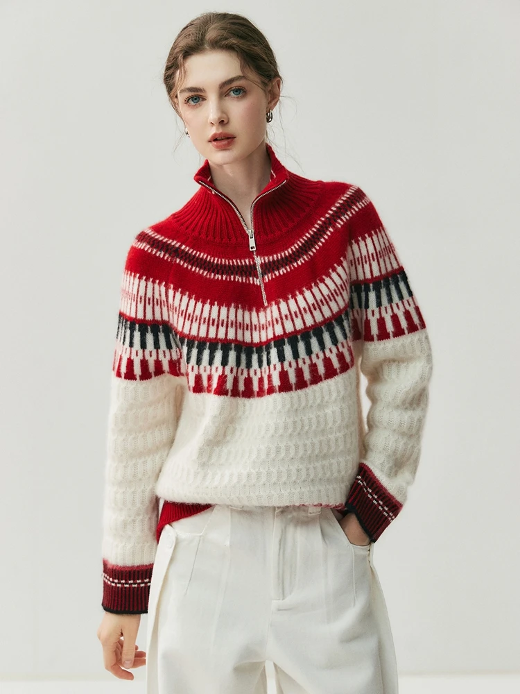 

Fair Isle Jacquard Sweater 100% Pullover Cardigan Women's New Standing Collar Half Zipper Knit Coat Autumn Winter High Quality