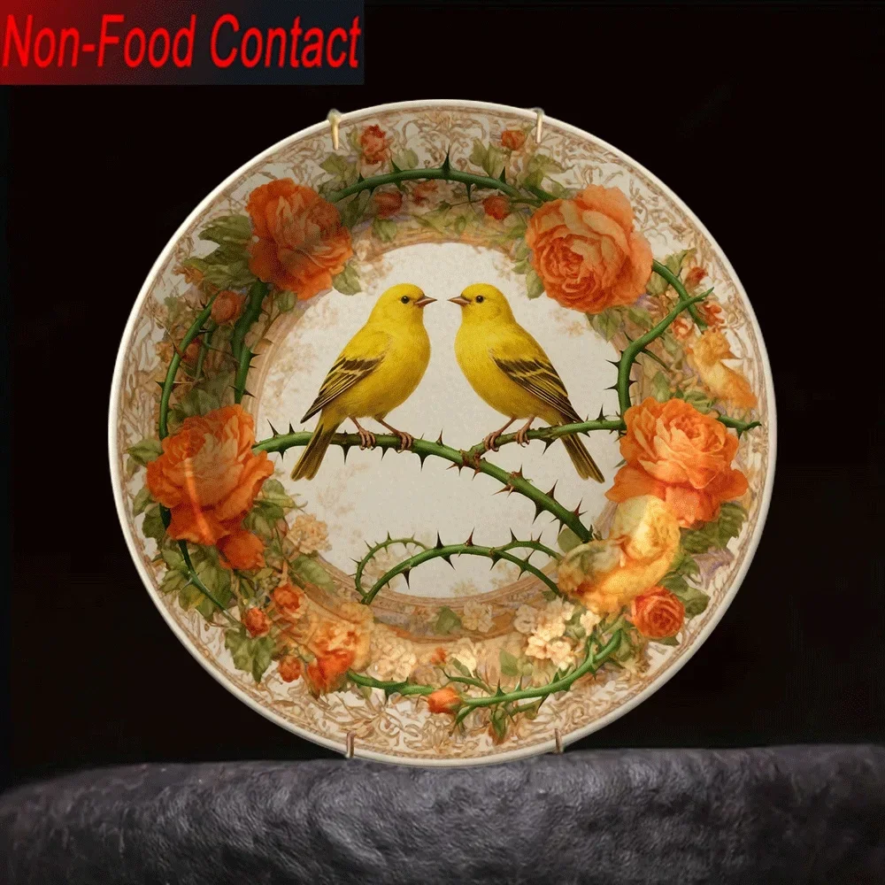 1pc Elegant Floral Ceramic Decorative Plate - Non-Food Contact Tabletop Ornament with Yellow Birds & Roses, Round Home Decor