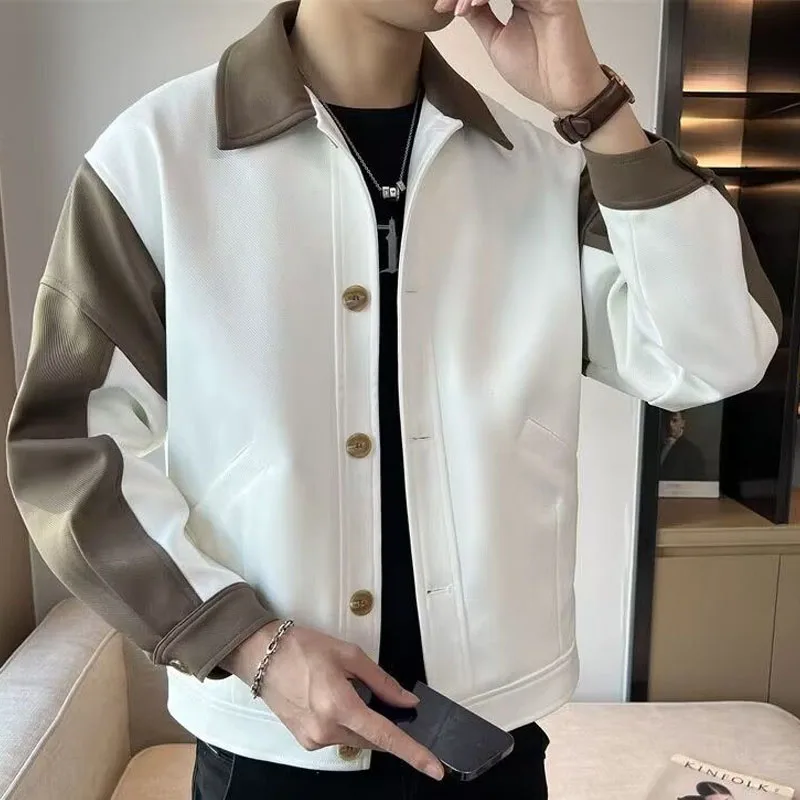 Baru musim semi dan musim gugur Retro Fashion Ruffian tampan High-end warna memblokir pakaian kerja tren Lapel serbaguna pria Jaket atas