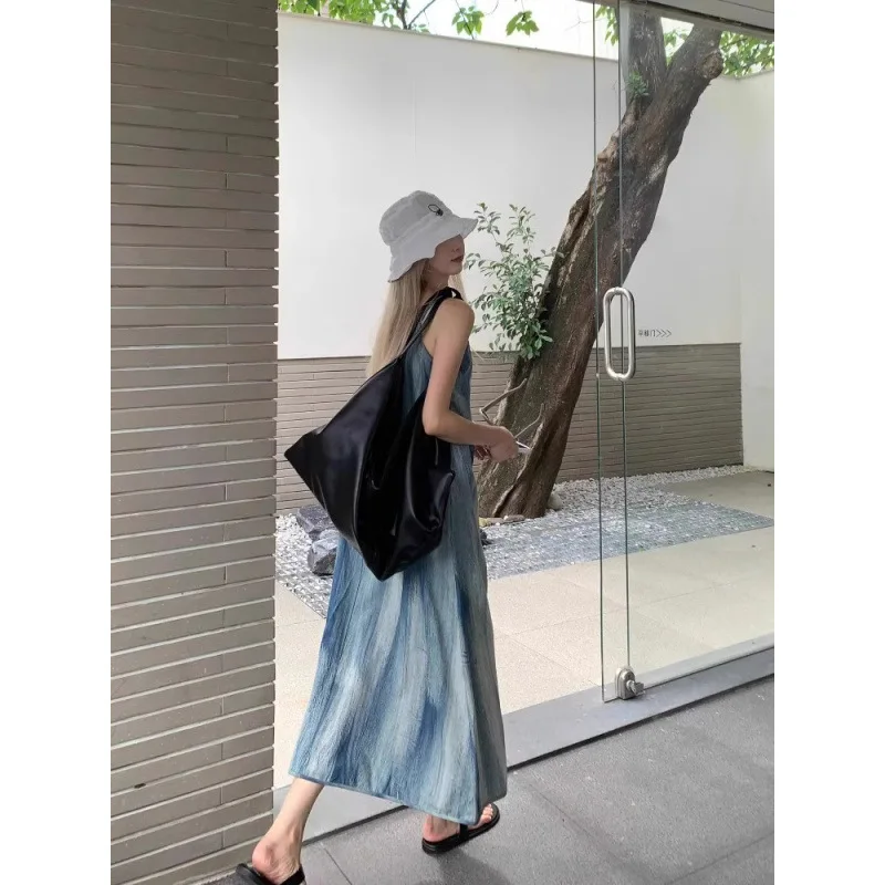 Elegant Tie Dye Maxi Dress Women's Summer Loose Bohemian Style Beach Vacation Gown High Collar Sleeveless A-Line Skirt