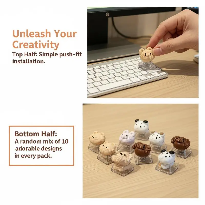 10PCS DIY Creamy Animal Sticker Keycaps, PVC Material, Cute 3D Keycaps, Cross-Shaped Universal Keycap