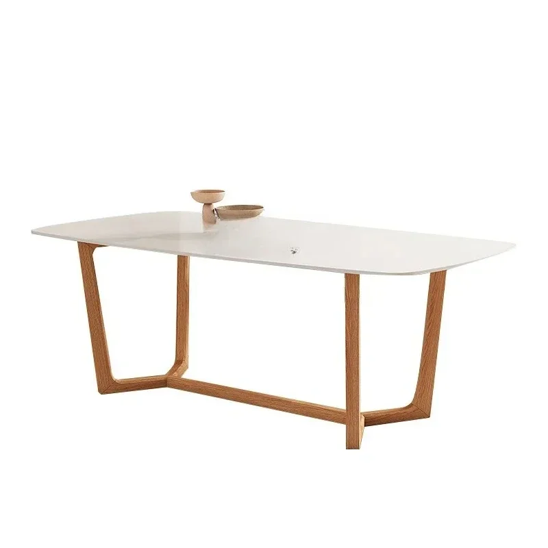 Cream style log color solid wood rock slab dining table and chairs modern simple dining table, small apartment household table