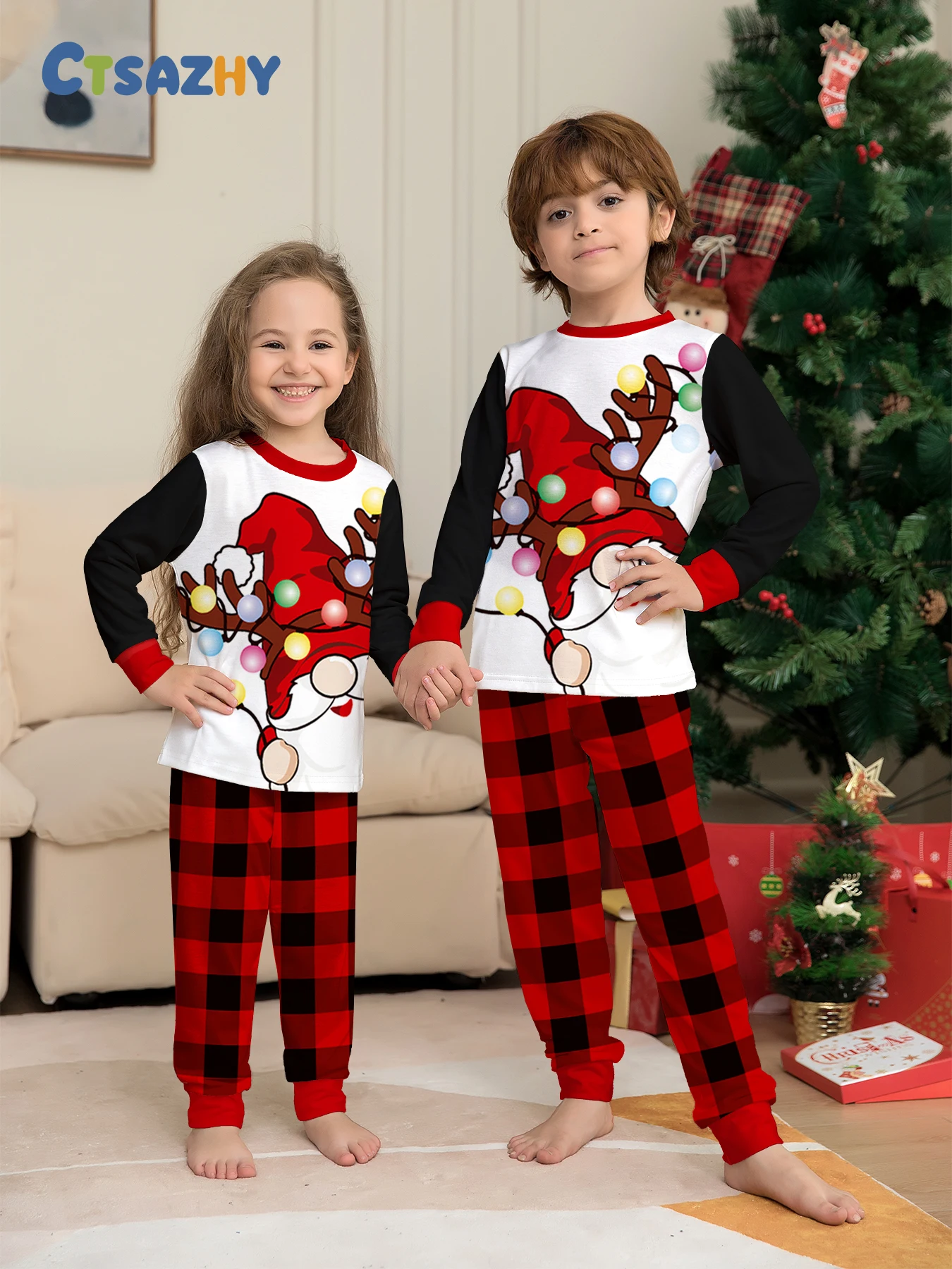 طقم بيجامات عيد الميلاد للأطفال سانتا كلوز مع أضواء حمراء وسوداء منقوشة مطبوعة ملابس نوم للأولاد والبنات