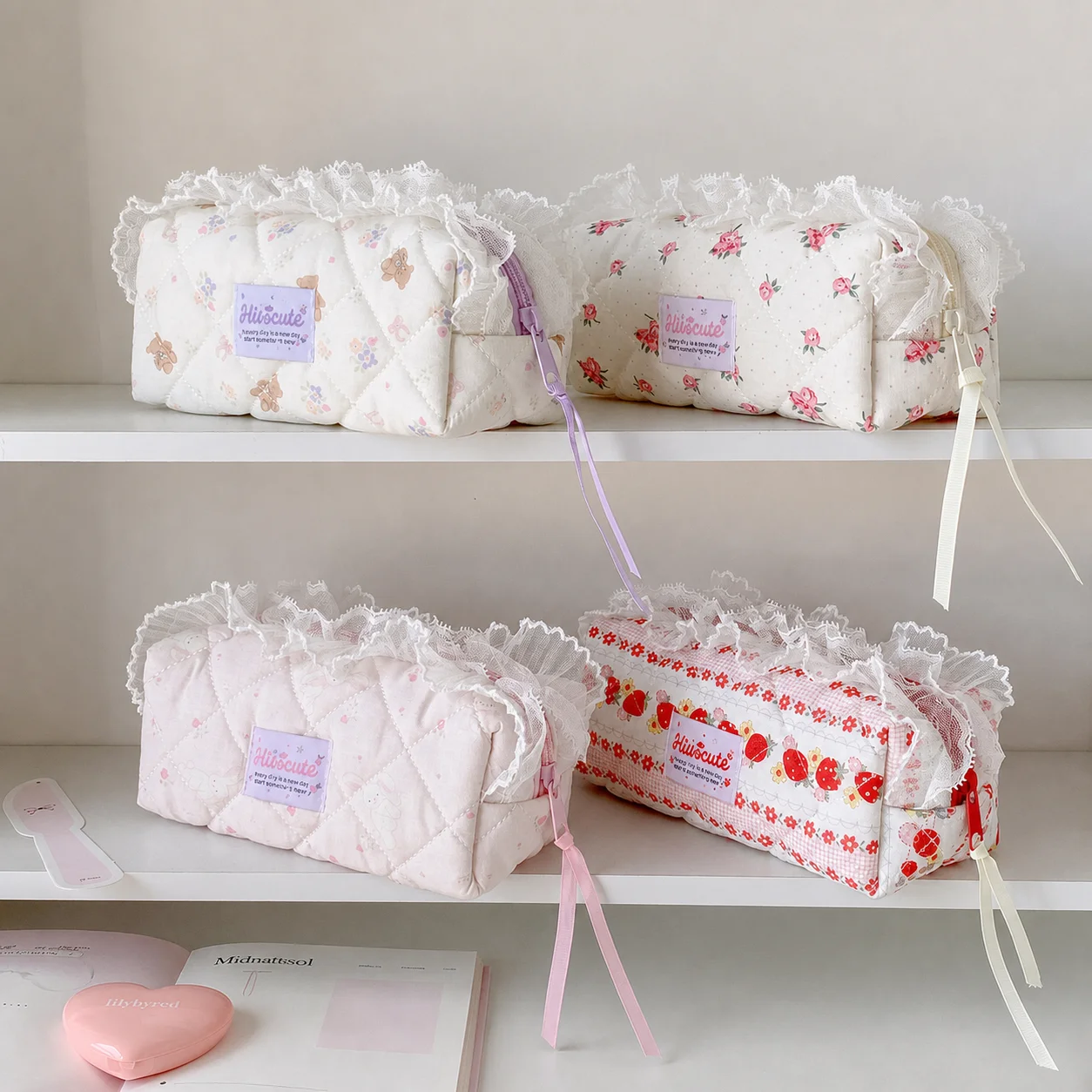 Portable Stationery Organizer Three-Dimensional Cute Print Pencil Case Lace Ruffle Pencil Bag Multi-Purpose For Accessory Tote