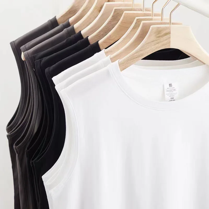 Summer Men's Sleeveless T Shirt New Fashion Summer Basic 100% Cotton Men Women Boyfriend Tank Tops Black White Gray image 2