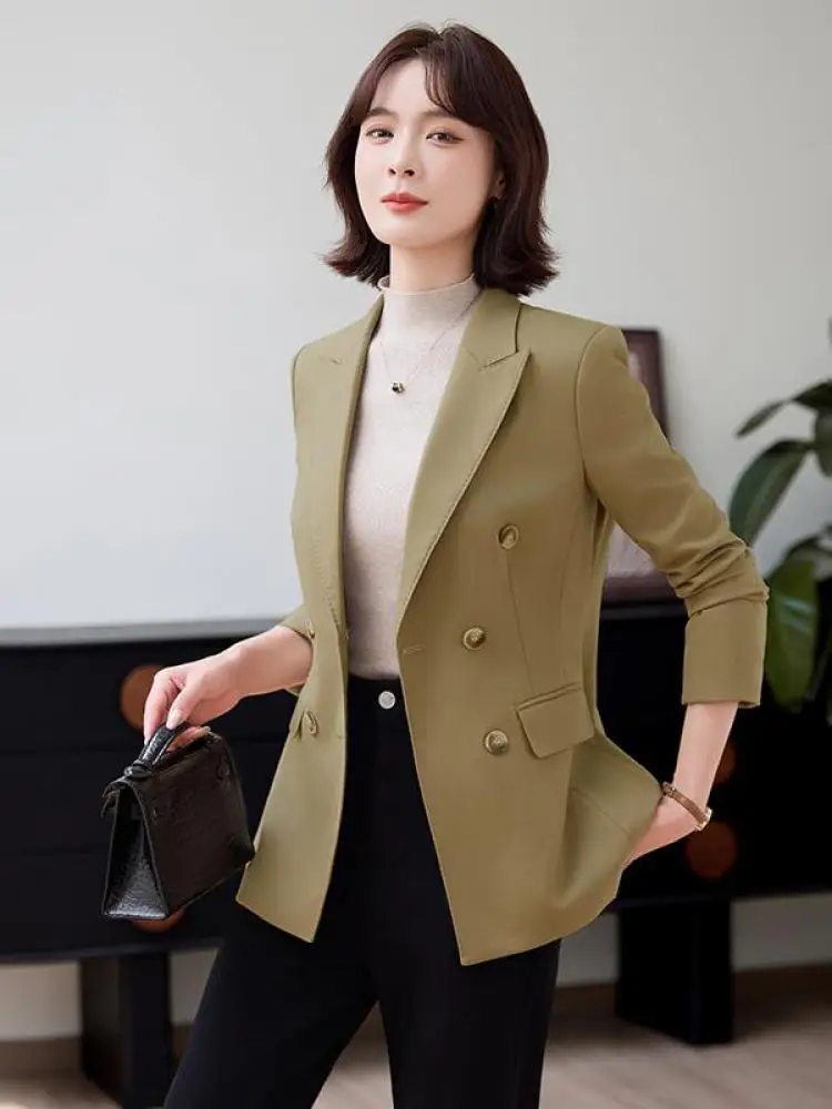 Korean Fashion Frauen Solide Elegante Lange Ärmeln Blazer Mantel Herbst Winter Vielseitig Zweireiher Tops 2025, Casual Streetwear