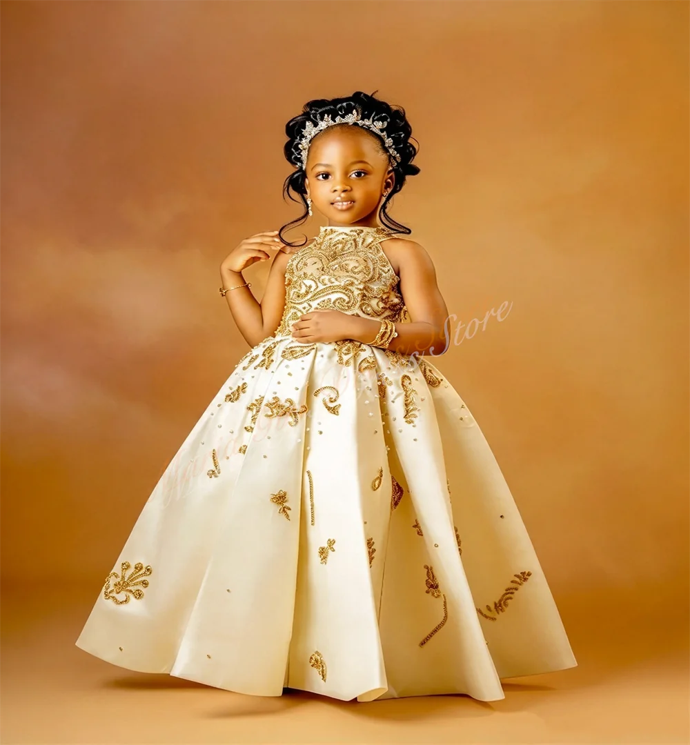 Gold Floral High-neck Halter Dress for Girls - Portrait Graduation Keepsake Birthday Party Flower Girl Evening Formal Wear